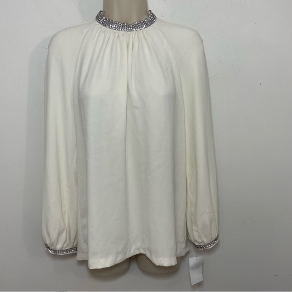 Trina Turk Rhinestone Trim Long-Sleeve blouse Top cream size small cocktail NWT